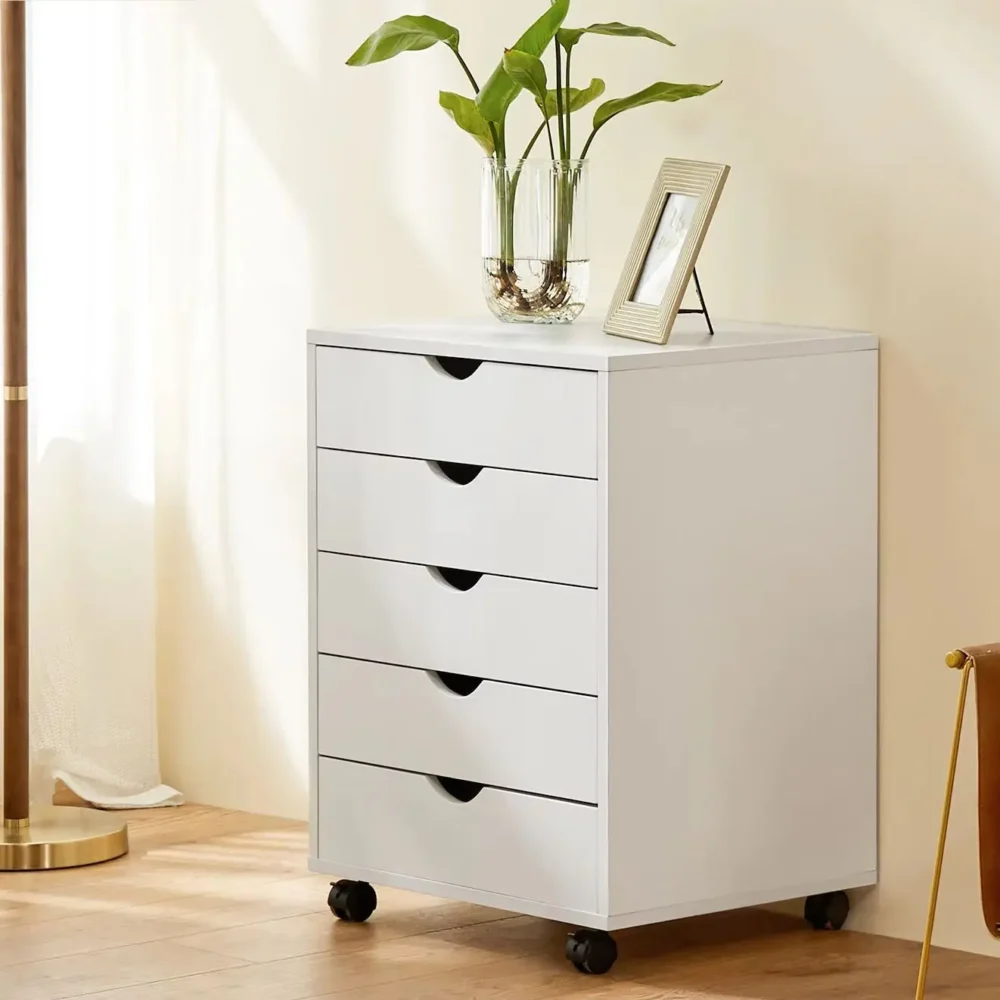 5-Drawer Wooden Nightstand Cabinet on Rollers, 23 Inch