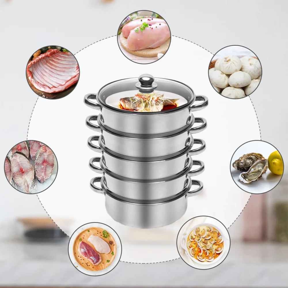 5-Tier Stainless Steel Steamer Pot, 26, 28 or 30 cm