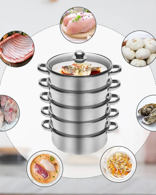 5-Tier Stainless Steel Steamer Pot, 26, 28 or 30 cm