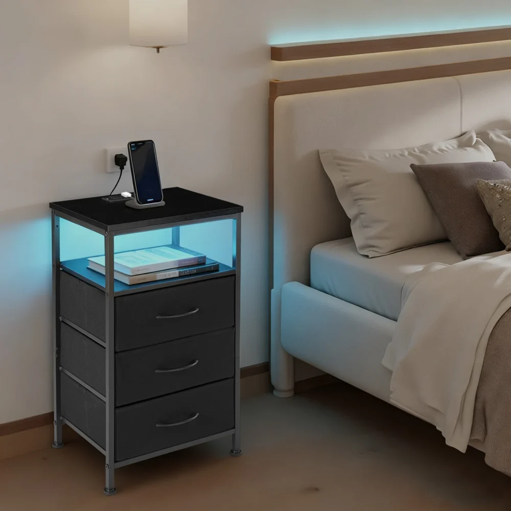 Bedside Table with Charging Station and 3 Fabric Drawers