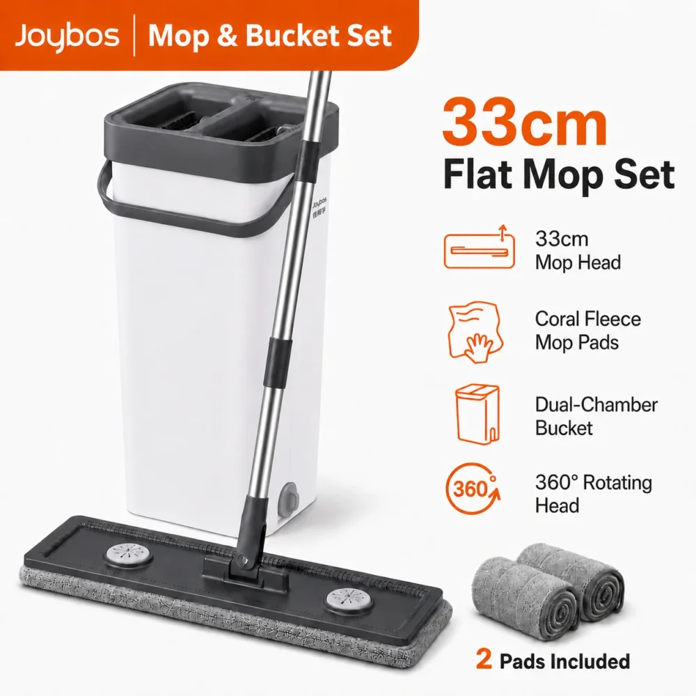 Flat Mop and Bucket Set with Hands-Free Wringer, 2 Mop Heads