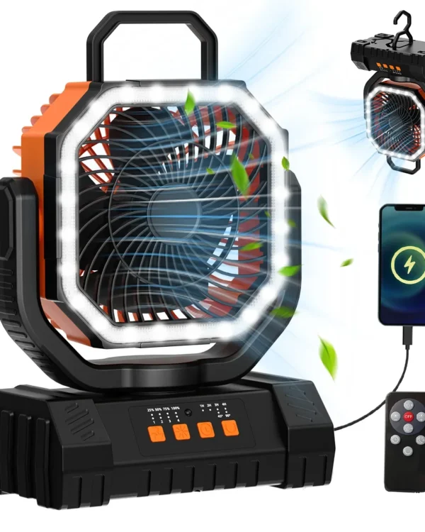 Rechargeable Camping Fan, 20000mAh, 4 Speeds with LED Light