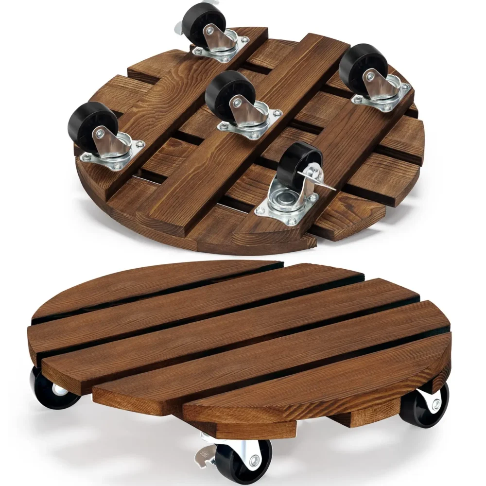 Rolling Plant Stand, 12-Inch Wood Caddy with Wheels, 2 Pack