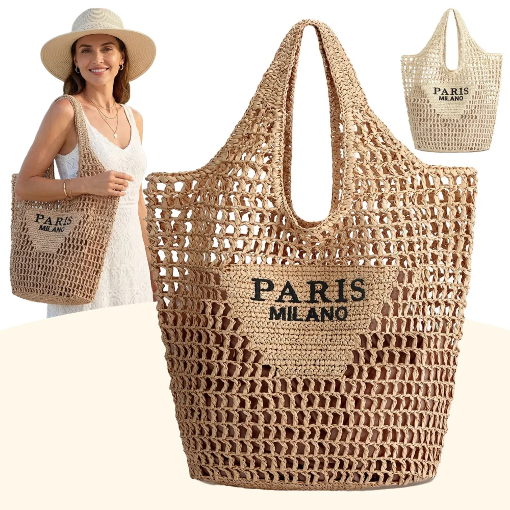 Woven Straw-Style Beach Tote, Hollow Mesh Shoulder Bag