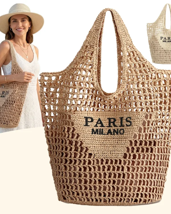 Woven Straw-Style Beach Tote, Hollow Mesh Shoulder Bag